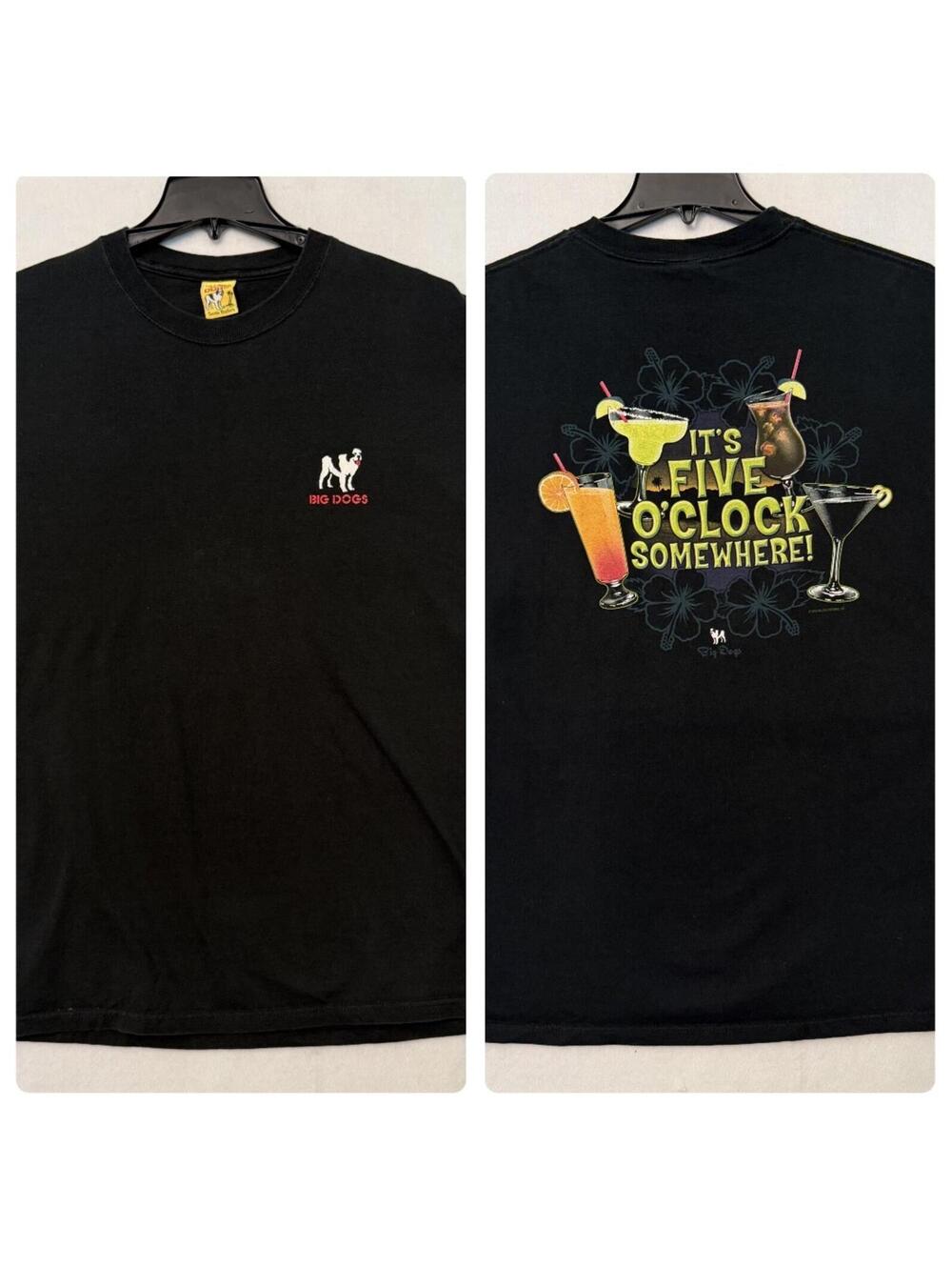 VTG BIG DOGS It's Five O'Clock Somewhere! Size 2X Black Double Sided T-Shirt Tee